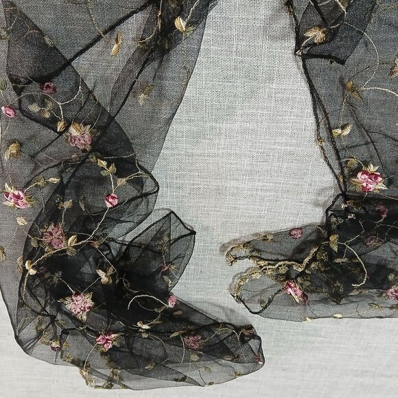 Black Tulle Pink Rose All Over Embroidery Scarf - Picture 2 of 7